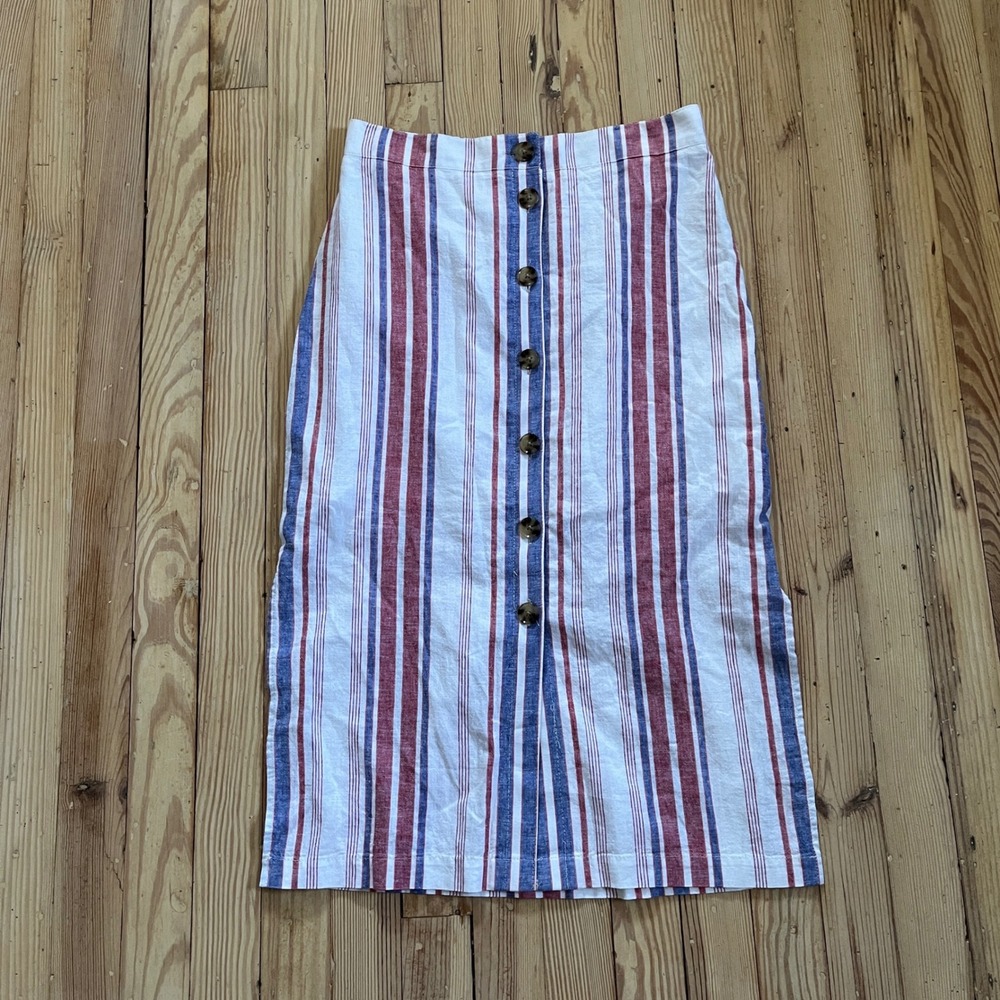NWT Express Midi Skirt Womens XS Red White Blue Striped Linen Blend Button Front